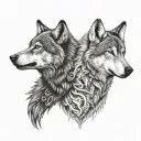 two wolves looking at each other. at each other. one of them white colour teethangry fangs tattoo design idea