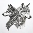 two wolves looking at each other. at each other. one of them white colour teethangry fangs tattoo design idea