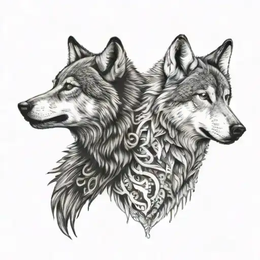 two wolves looking at each other. at each other. one of them white colour teethangry fangs tattoo design idea