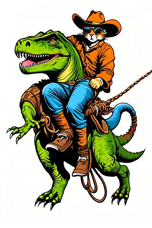 red cowboy cat wearing sunglasses has a rope, orange cowboy hat riding a green T rex, lassoing a blue and black raptor tattoo design idea