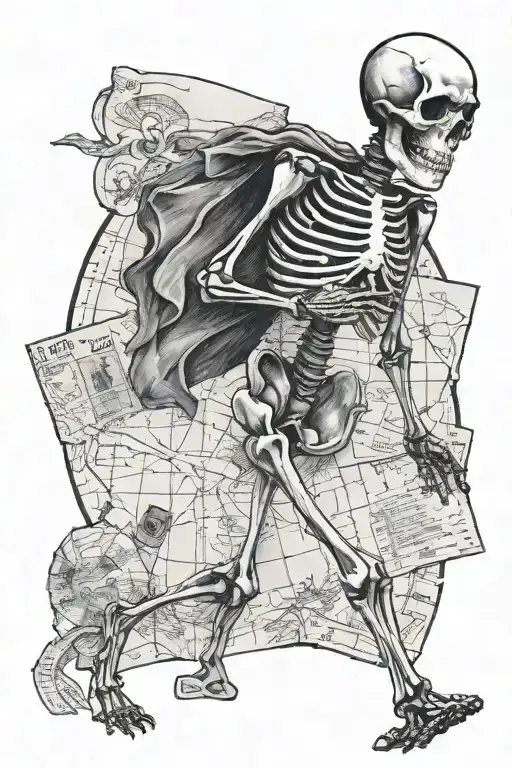 skeleton looking around holding a map to happiness tattoo design idea