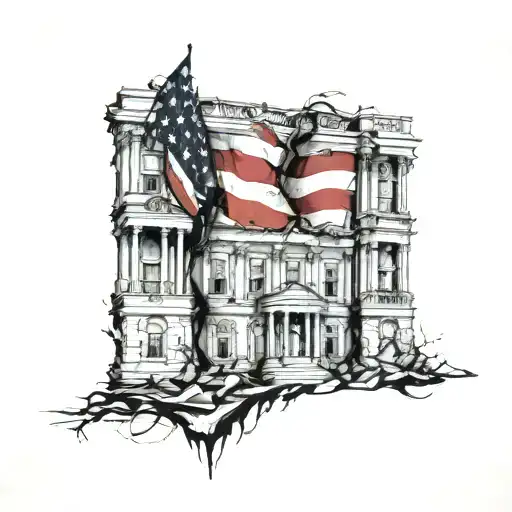washington DC collapse, entertainment industry collapse, rise of jesus and american flag  tattoo design idea