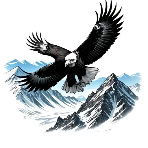 A majestic eagle soaring through a mountainous landscape, with snow-capped peaks and clear blue skies tattoo design idea