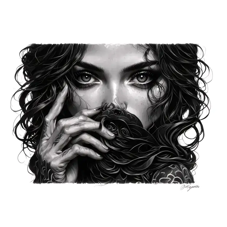 Mysterious Woman with Hidden Eyes (Shushing Gesture) tattoo design idea