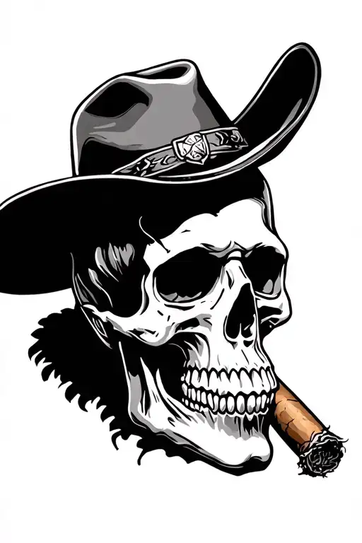 Full black with negative space bold outline of cowboy skull with cigar, crazy sal design.  tattoo design idea