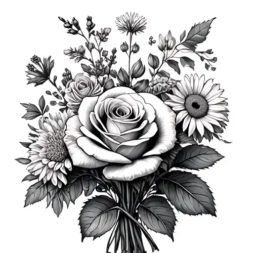 flower bouquet with a rose,larkspur,holly,aster,violet,and marigold tattoo design idea