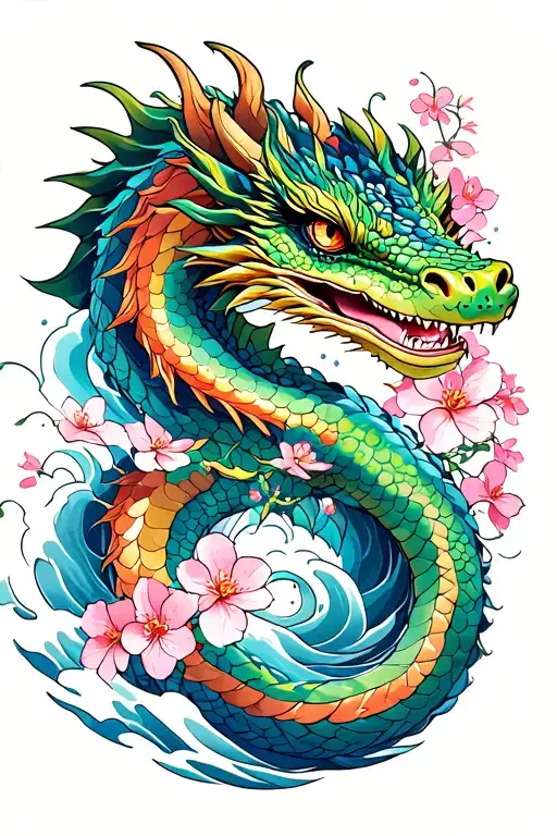 Japanese Water Dragon with cherry blossoms,waves, vibrant tattoo design idea