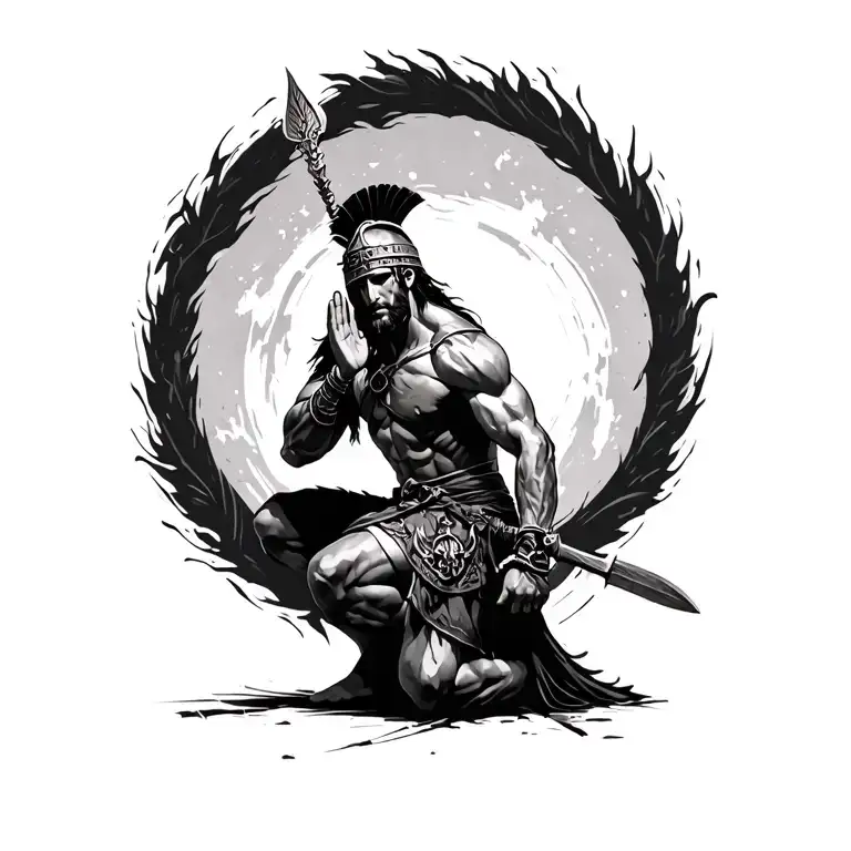 black and white drawing, Spartin warrior kneeling in prayer tattoo design idea