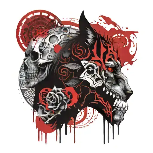 moon and skull and wolf in one with mandala tattoo design idea