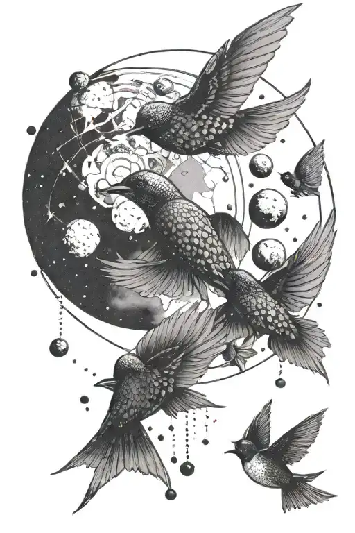 7 planets revolving around a swallow tattoo design idea
