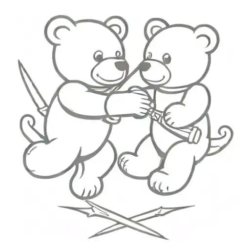 two teddy bears fighting with swords with an x for an eye tattoo design idea