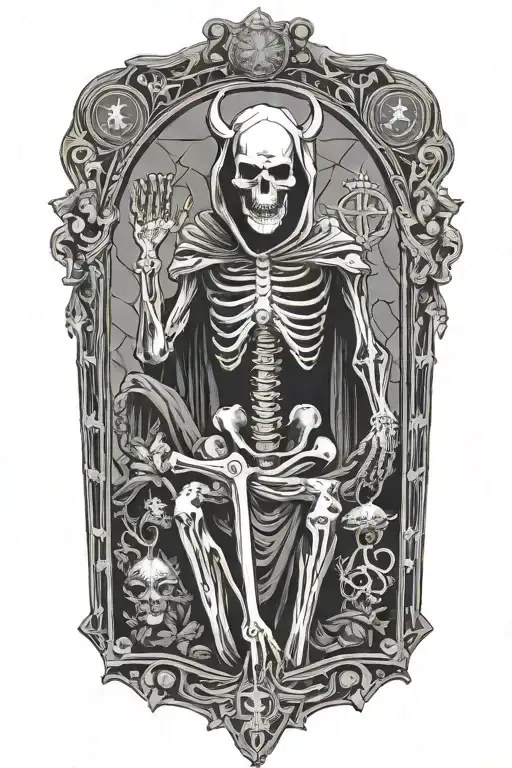 Tarot card, death. Represented as a hooded skeletal figure, posing like Baphomet tattoo design idea