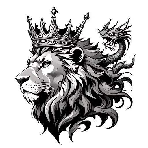 Head lion wearing a crown with 3 dragons around  tattoo design idea