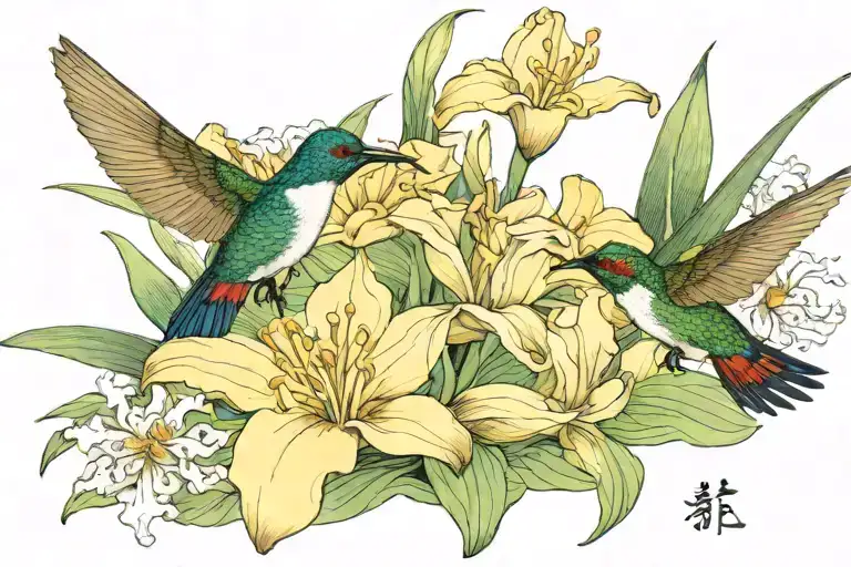 iris and water lily with a hummingbird hovering tattoo design idea