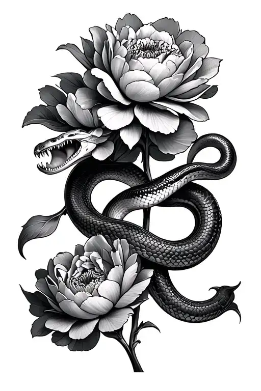 snake wrapping around 2 peony flowers. snake has mouth open with teeth and wraps around so it's face is on the left side tattoo design idea