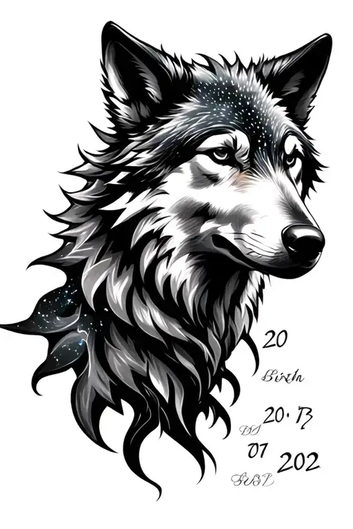 Create a wolf head tattoo, date of birth 22 07 2002 in Roman figures, electrical effects, galaxy effect, of tattoo design idea