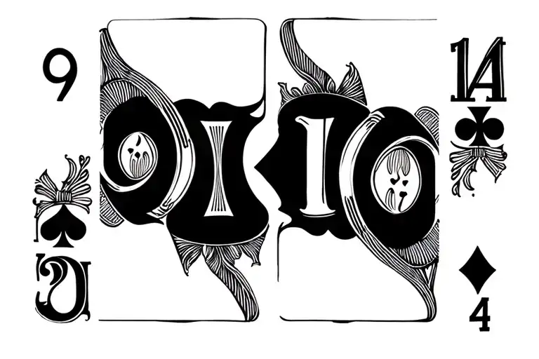 4 pik play cards arranged. Number 9, Number 10, Number, 2, Number 4 tattoo design idea