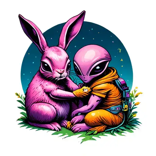 Et the extraterretial and a dirty pink rabbit without eyes and just purple nouse and mouth teedy huggging each other tattoo design idea