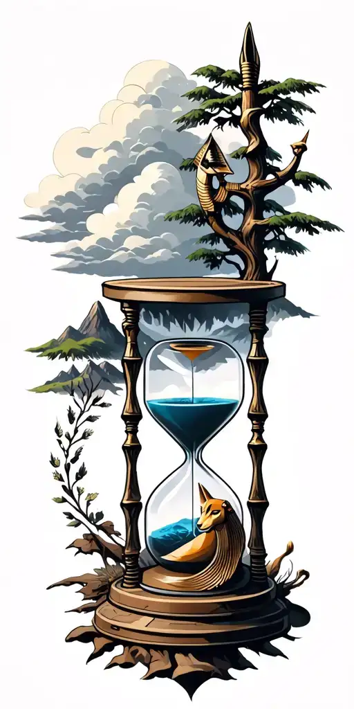 mountains, clouds, animals, hourglass , tree A fusion of Egyptian and Viking symbolism, featuring Anubis and a Viking  tattoo design idea