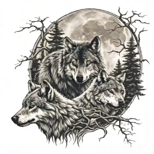 wolf with 2 cubs in a forest and moon tattoo design idea