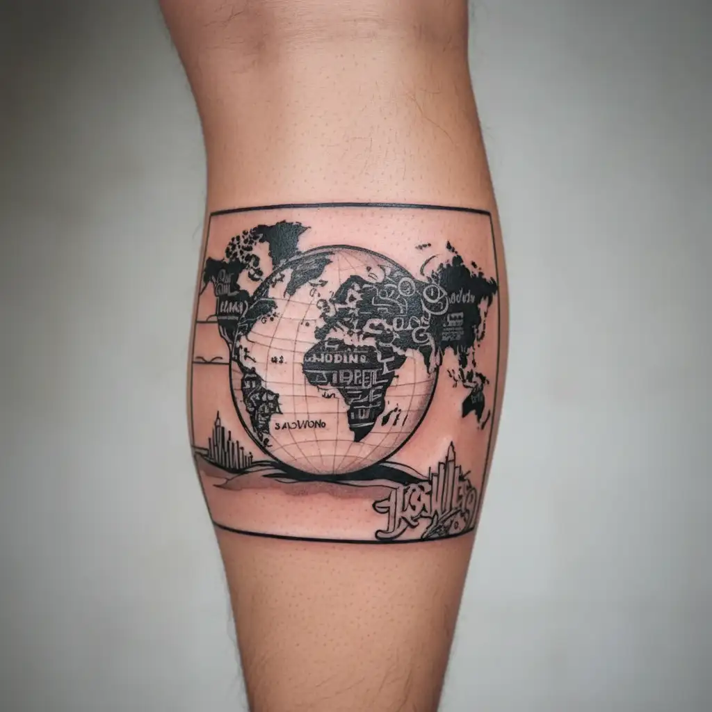 A globe with hip-hop lyrics as latitude and longitude lines tattoo design idea