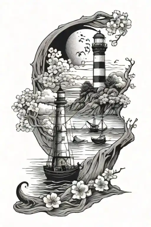 The beach landscape, a Caravel running away, a lighthouse, a black cat, the moon and cherry blossoms around the tattoo tattoo design idea