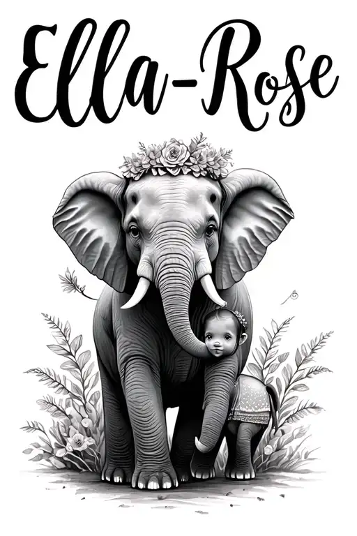 elephant and baby girl name Ella-Rose tattoo design idea