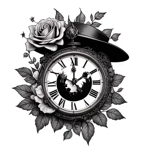 Alice madness returns in a clock with a rose and a hat tattoo design idea