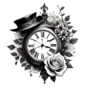 Alice madness returns in a clock with a rose and a hat tattoo design idea