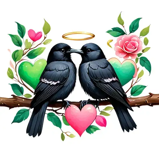 3 black birds on brach one with green heart one with pink heart and one with gold halo anove head  tattoo design idea