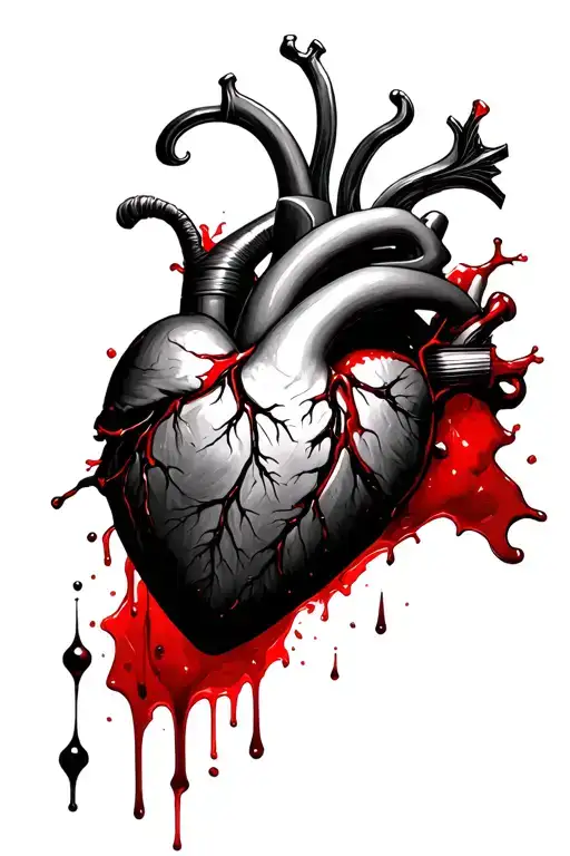 dagger through a realistic heart as a final.blow with actual red blood - phrase Coup de grâce tattoo design idea