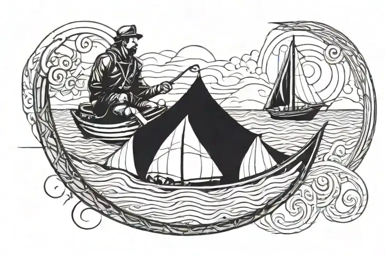 man on boat sailing towards tattoo design idea