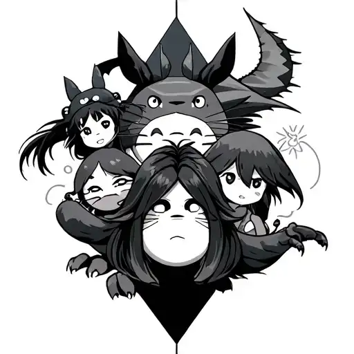 elongated geometric tattoo, with the following Studio Ghibli characters: No-Face, Chihiro, Dragon Haku, Laputa, Totoro tattoo design idea