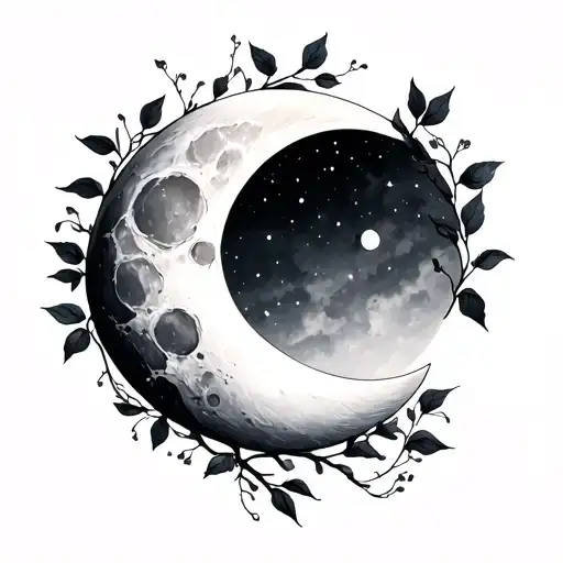 eways Crescent Moon → softly shaded, textured with subtle craters.	•	Ivory Vine → wrapping naturally around the moon. tattoo design idea