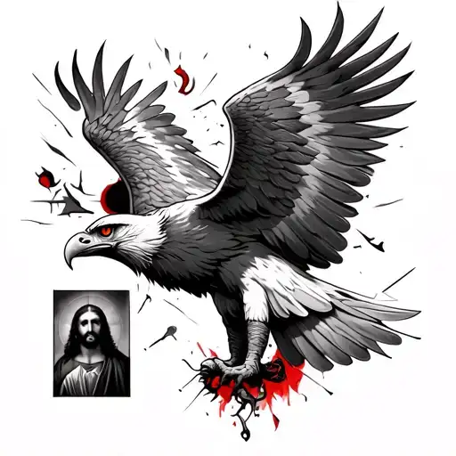 a sleeve with an eagle with a red eye scratching below that i want the albanian eagle next to a small picture of jesus b tattoo design idea