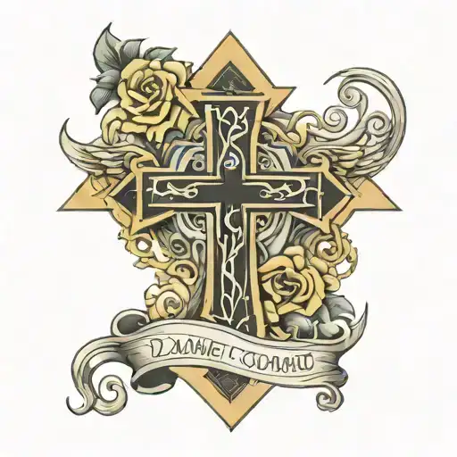 arm tattoo cross with the the name daniel coward on top and roman numerals for april 3rd 1983 and january 8 2014 tattoo design idea