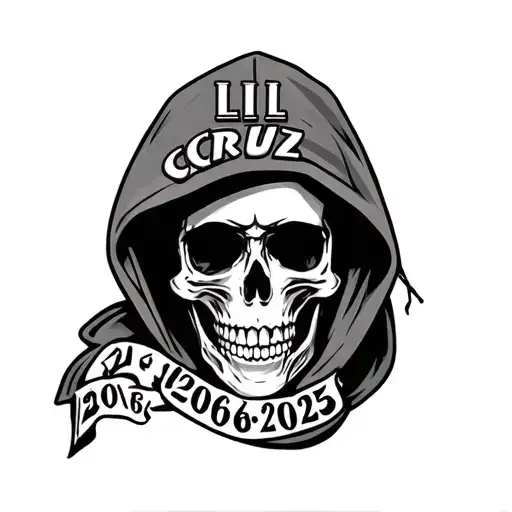 make a tattoo with a skull in hood with the words lil cruz and 2006-2025 in romal numerals under the skull  tattoo design idea