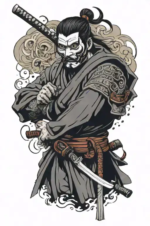 samurai with sword in holster with o I mask face tattoo design idea