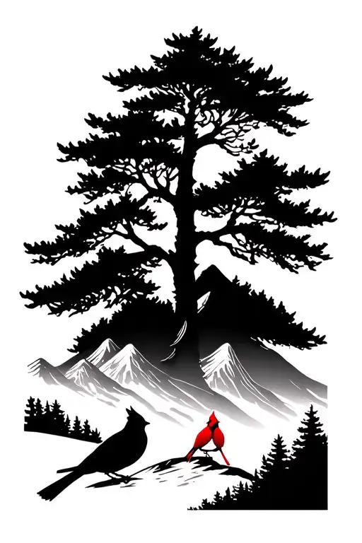 trees and mountains with two cardinals in the front  tattoo design idea