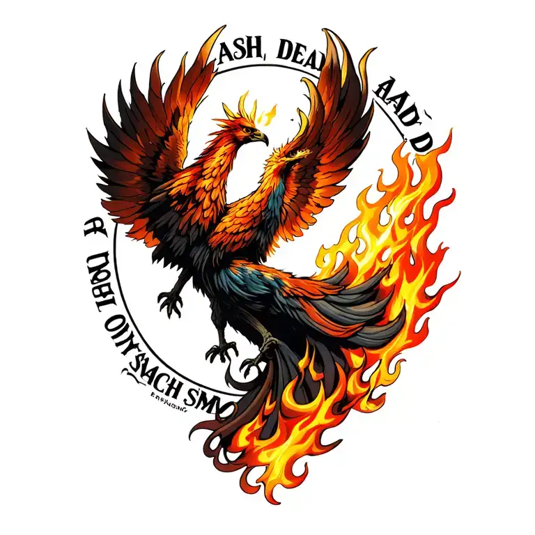"Hot ash, dead match, only smo" Phoenix rising from flames tattoo design idea