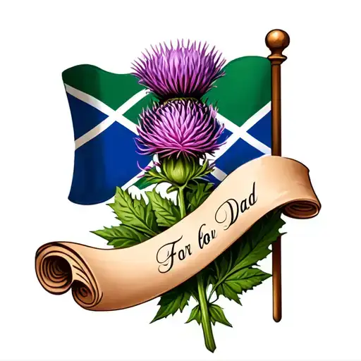 scottish thistle and flag with memorial scroll for dad tattoo design idea