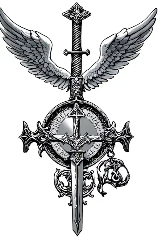 Saint Benedict medal and Angel wings, sword tattoo design idea
