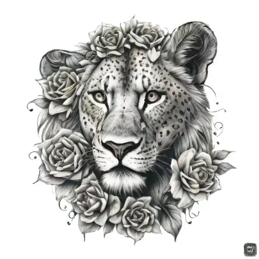 Half lion face with half wome face with lion cub and flowers tattoo dotted design  tattoo design idea