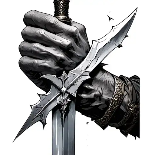 a broken gauntlet holding onto the hilt of a fractured sword tattoo design idea