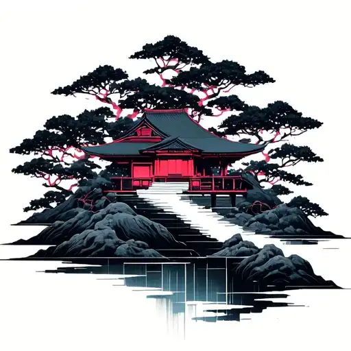 Cyberpunk Japanese landscape tattoo design idea