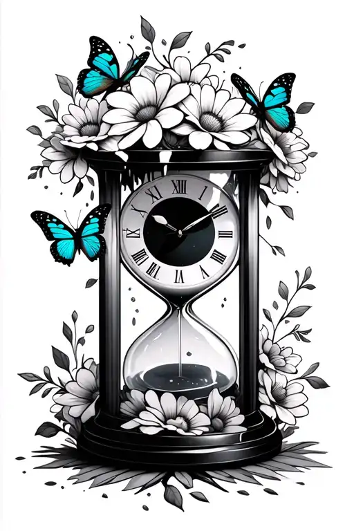hour glass with clock face melting with flowers and butterflies tattoo design idea