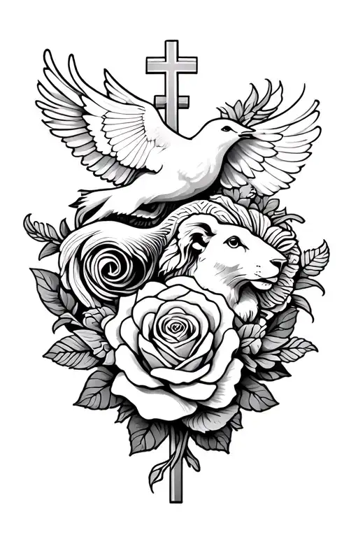 Full sleeve tattoo with waves, roses, cross, fish, dove, lion, lamb, light tattoo design idea