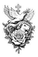 Full sleeve tattoo with waves, roses, cross, fish, dove, lion, lamb, light tattoo design idea
