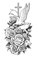 Full sleeve tattoo with waves, roses, cross, fish, dove, lion, lamb, light tattoo design idea
