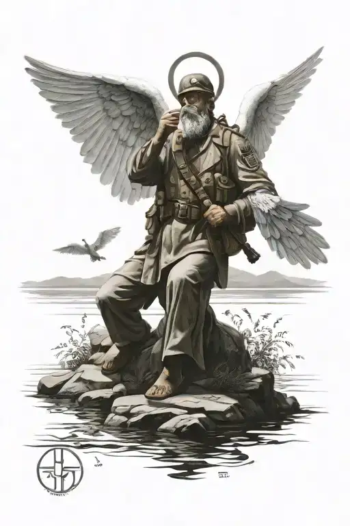 A peaceful meditation scene with a veteran saluting an angel tattoo design idea